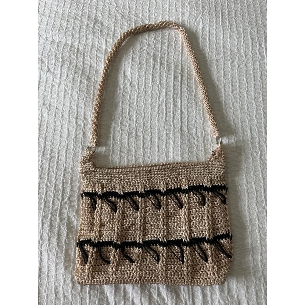 Crochet Shoulder Bag Women Small Beige Excellent Boho Woven Zipper